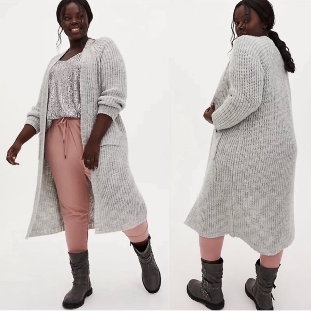 Torrid Chunky Duster Open Front Cardigan Sweater Light Gray 3X